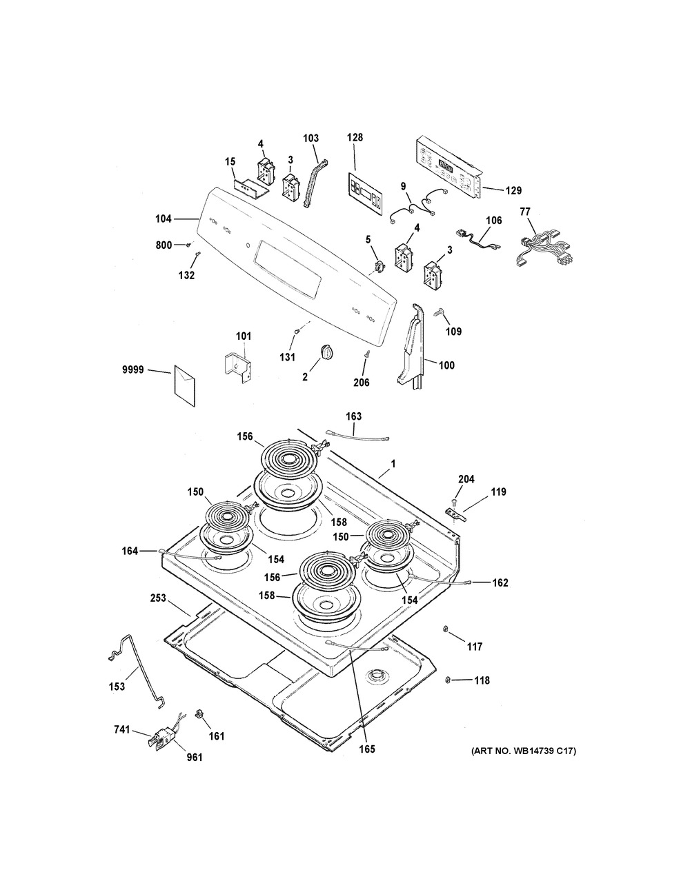 Control Panel & Cooktop Diagram and Parts List for JB256RM1SS  General Electric Range