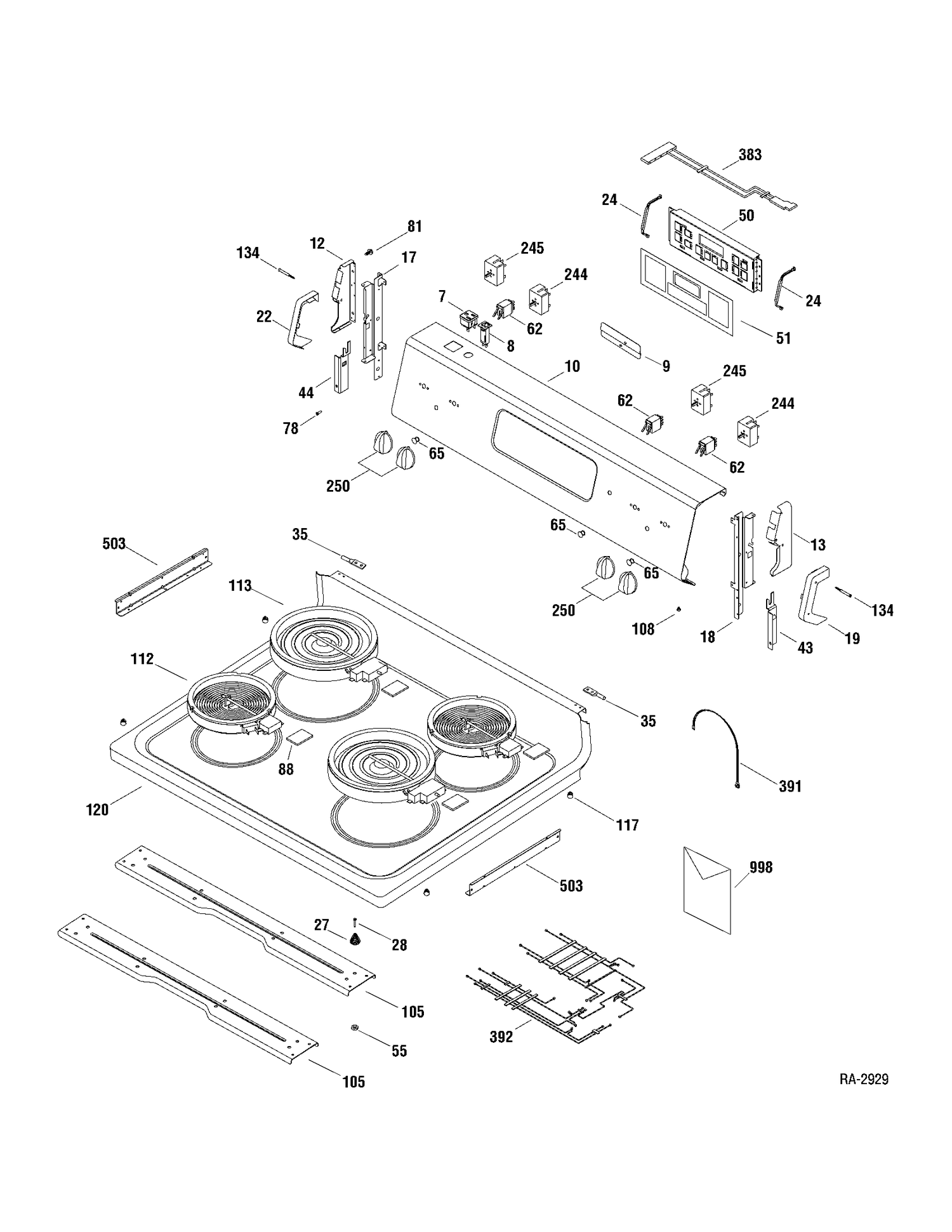 CONTROLS & COOKTOP Diagram and Parts List for RCBS787DN1WW  General Electric Range