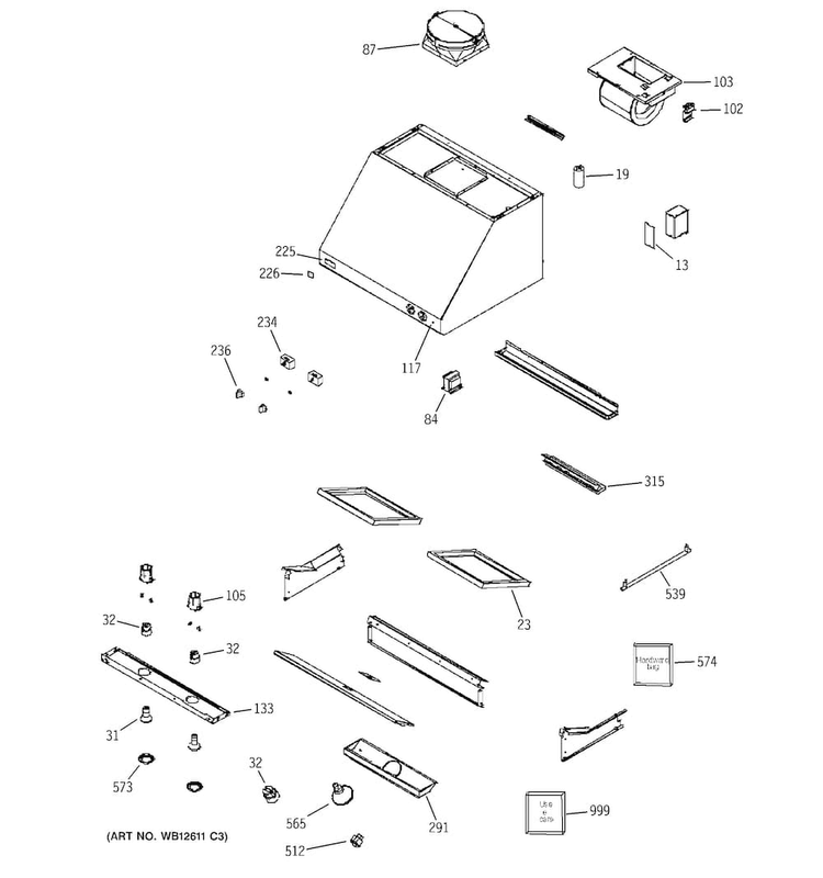 Range Hood Diagram and Parts List for ZV30SSF3SS  General Electric Range Hood