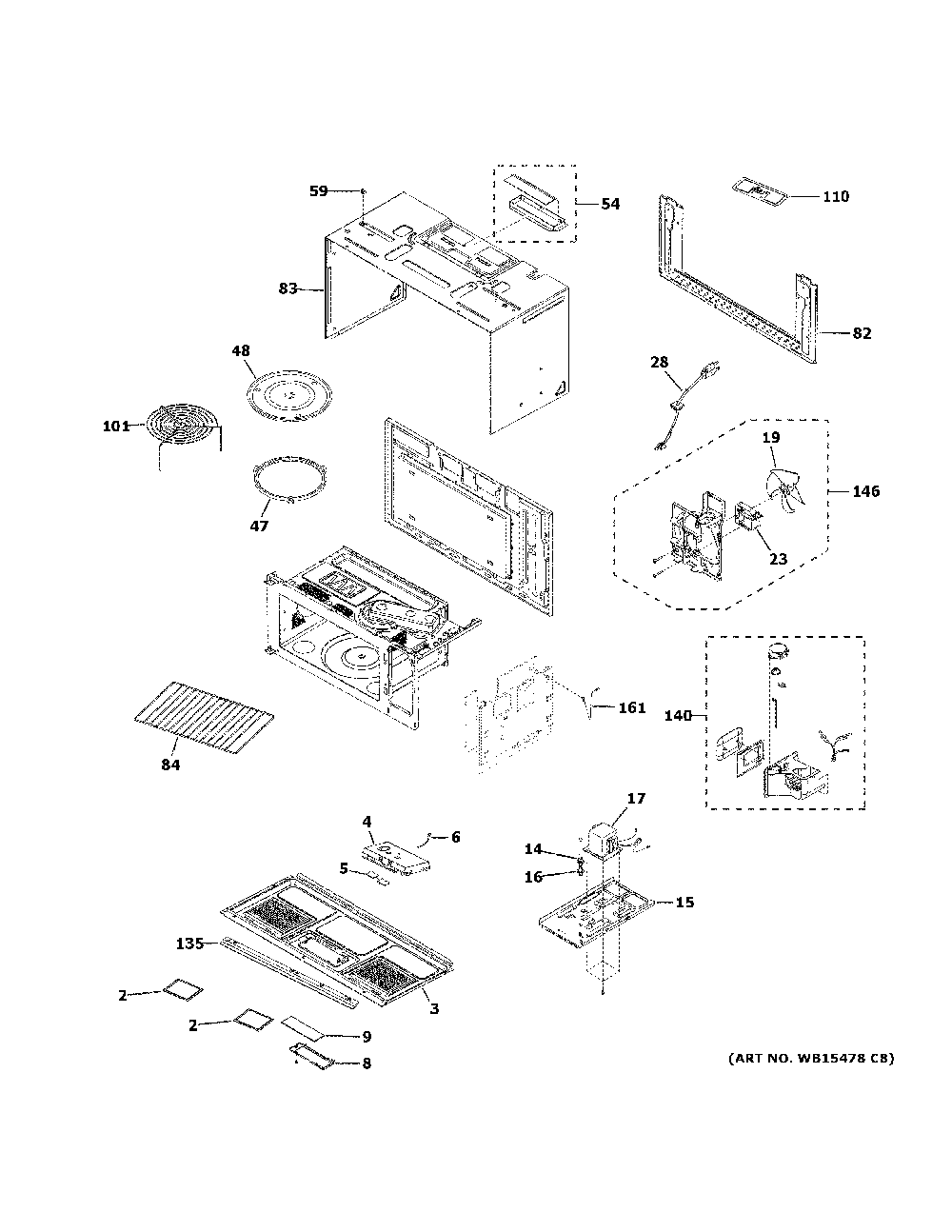 Oven Cavity Parts Diagram and Parts List for CVM517P2M2S1  General Electric Microwave