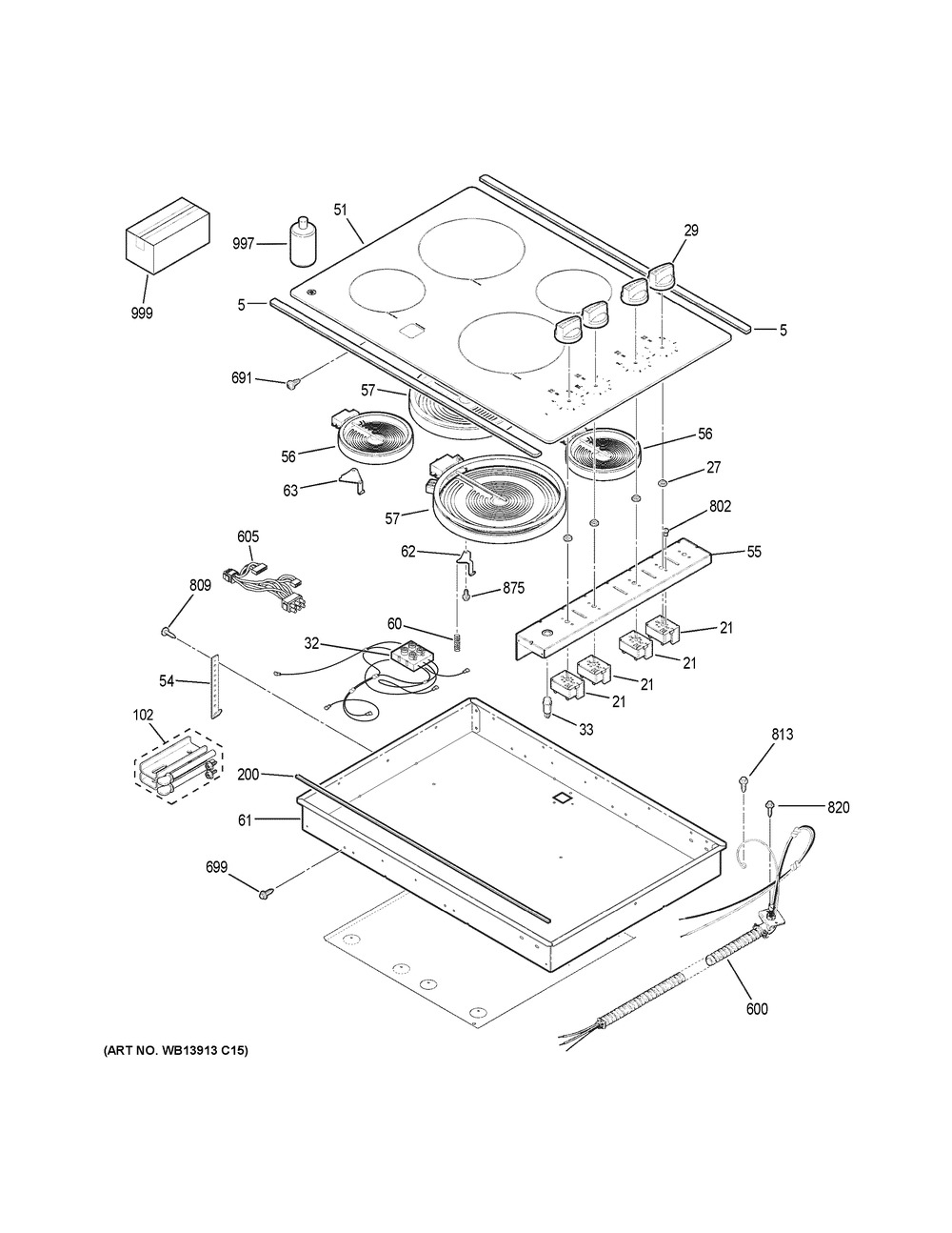 Control Panel & Cooktop Diagram and Parts List for JP3030SJ4SS  General Electric Cooktop