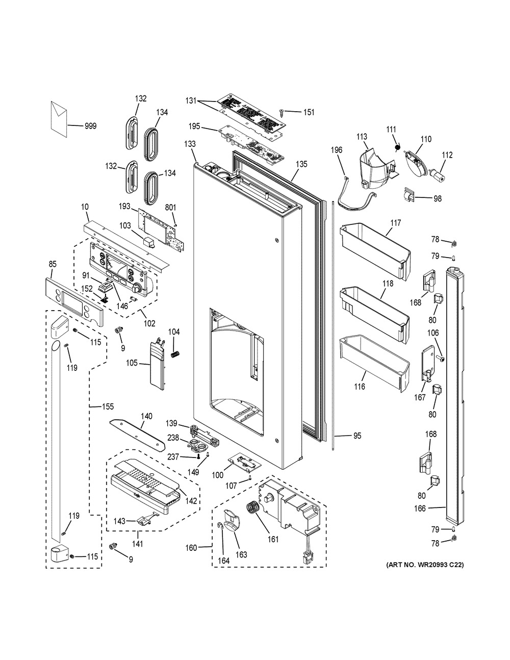 Dispenser Door Diagram and Parts List for CYE22TSHRSS  General Electric Refrigerator