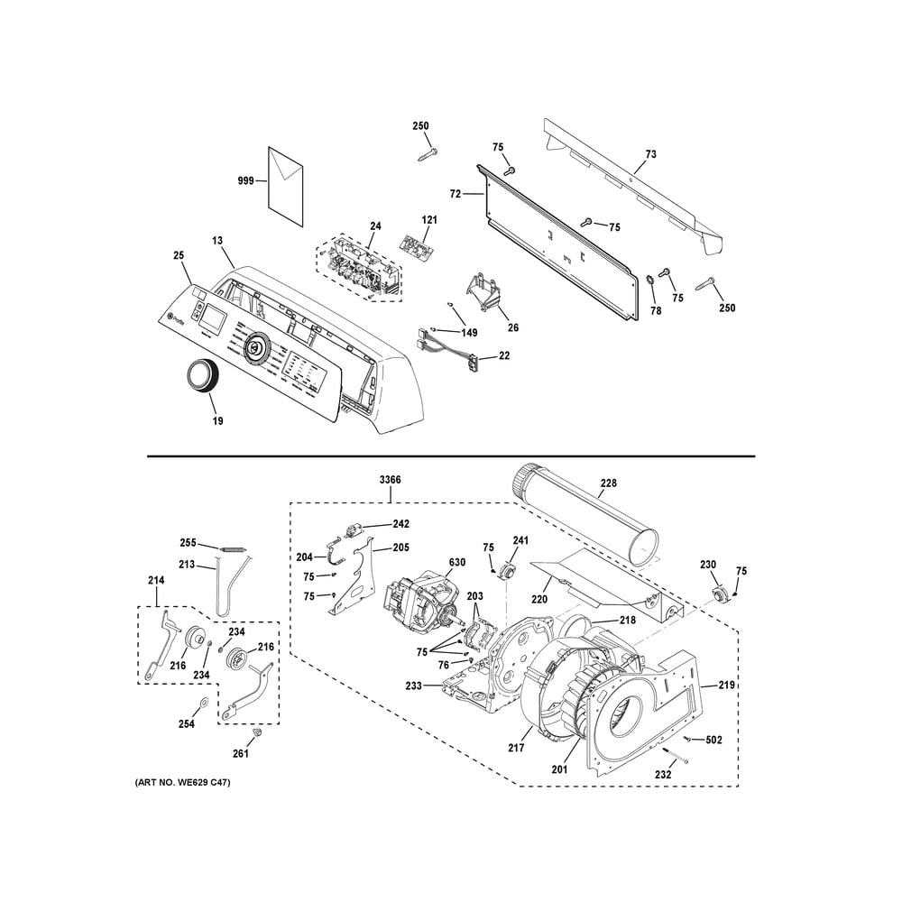 Backsplash, Blower And Motor Assembly Diagram and Parts List for PTD80EBPT0RS  General Electric Dryer