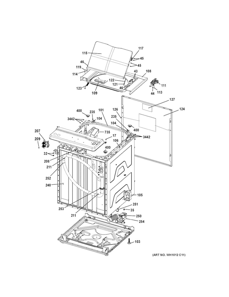 Cabinet Diagram and Parts List for GUD24ESSJ0WW  General Electric Washer Dryer Combo