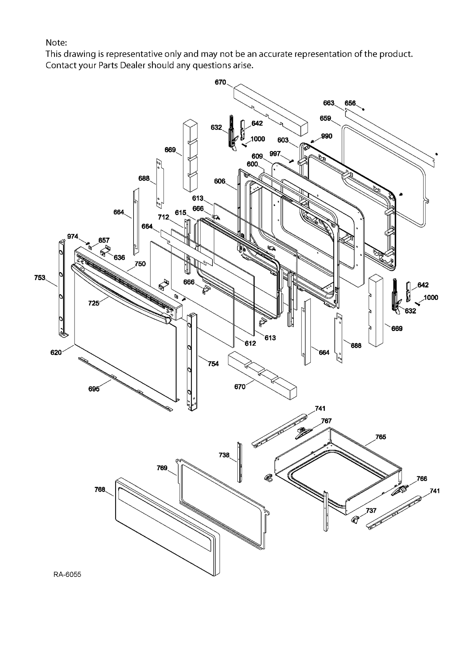 DOOR & DRAWER PARTS Diagram and Parts List for JCB635DJ1WW  General Electric Range