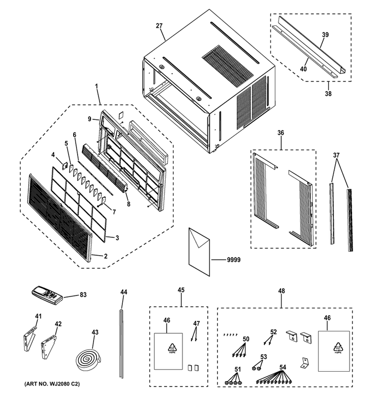 Grille & Chassis Parts Diagram and Parts List for AEQ24DSL1  General Electric Air Conditioner