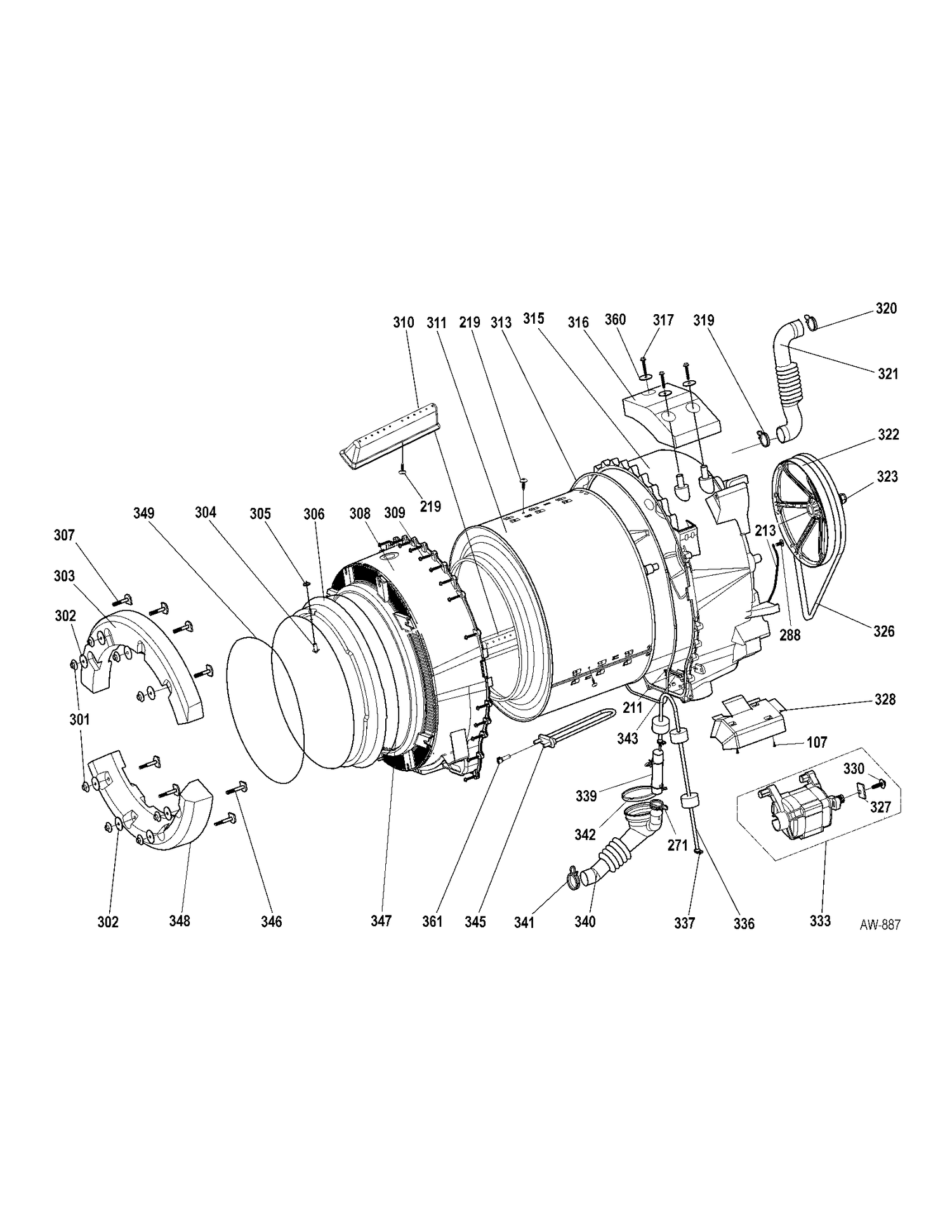 TUB-MOTOR Diagram and Parts List for GCVH6500K1WW  General Electric Washer
