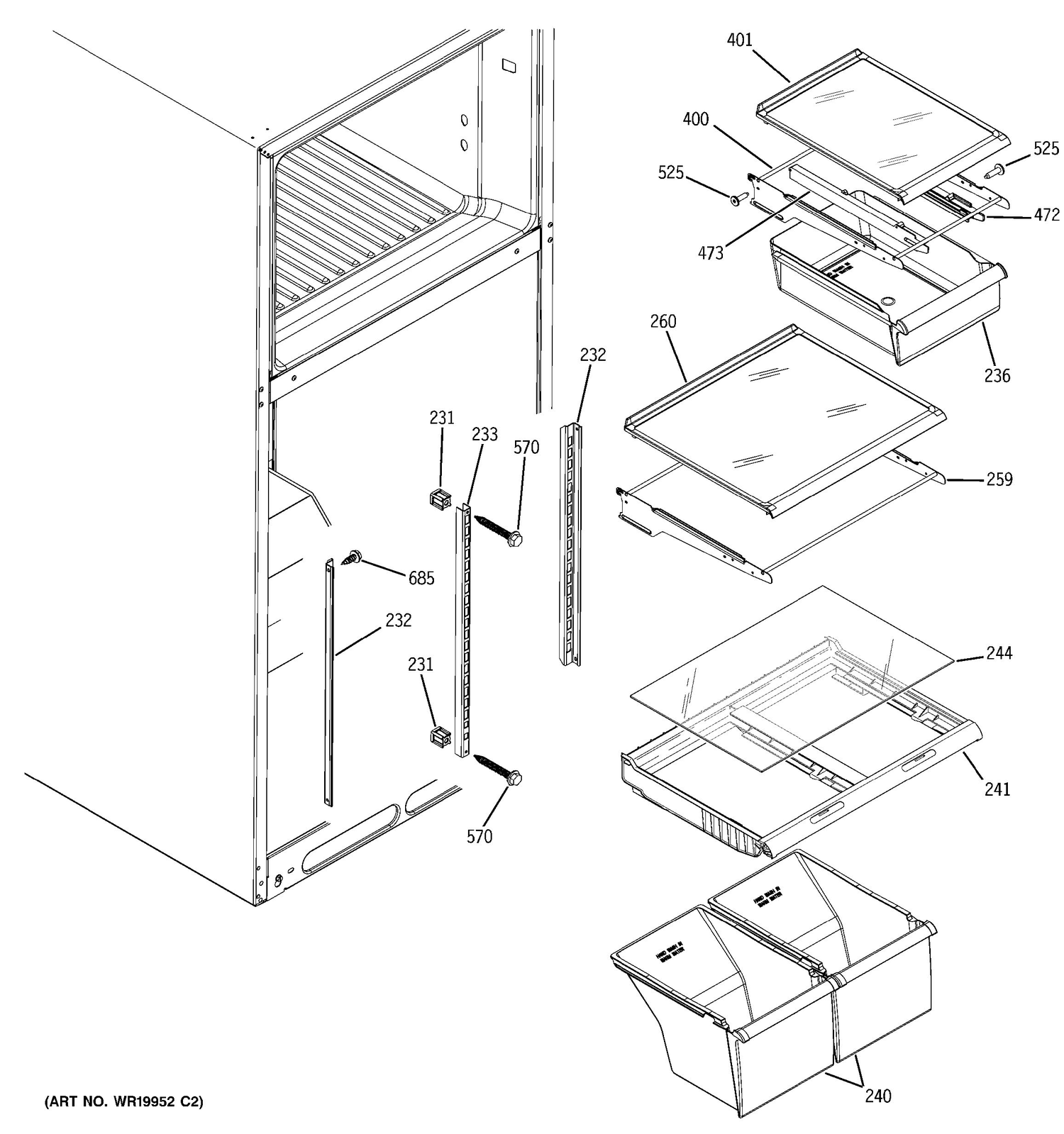 FRESH FOOD SHELVES Diagram and Parts List for 38471PBRLRWW  General Electric Refrigerator