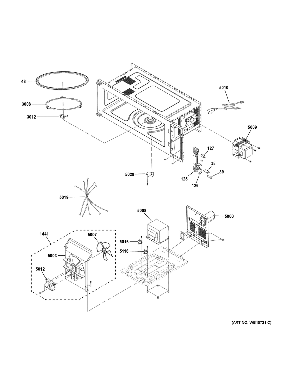 Interior Parts Diagram and Parts List for UVM9125ST3SS  General Electric Microwave Oven Combo