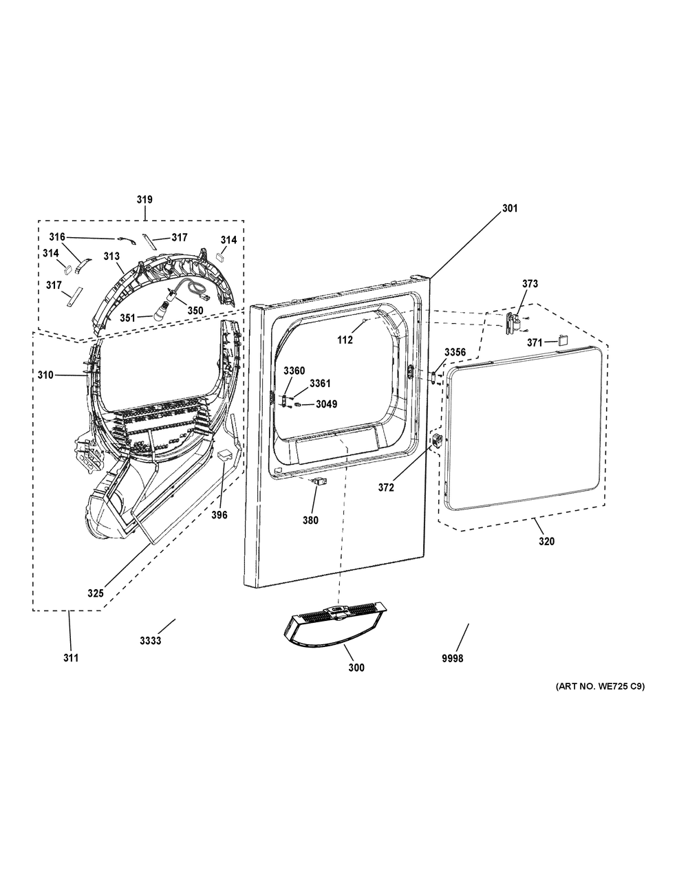 Front Panel And Door Diagram and Parts List for GTX52EASP1WB  General Electric Dryer