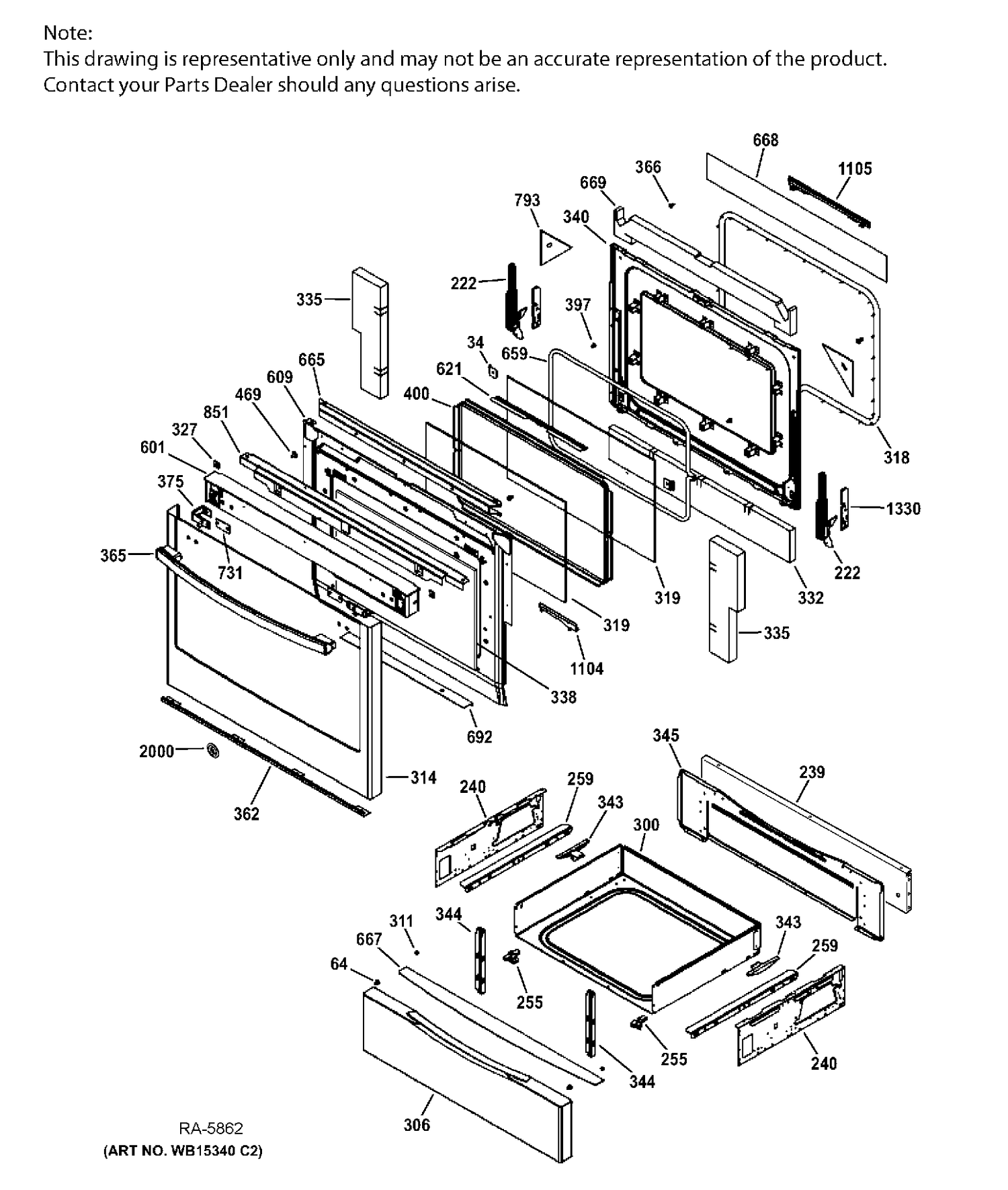 DOOR & DRAWER PARTS Diagram and Parts List for JCGS650DEF2BB  General Electric Range