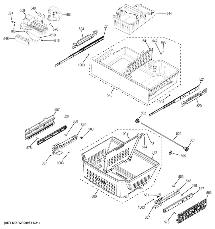 Freezer Shelves Diagram and Parts List for DFE28JMHDES  General Electric Refrigerator