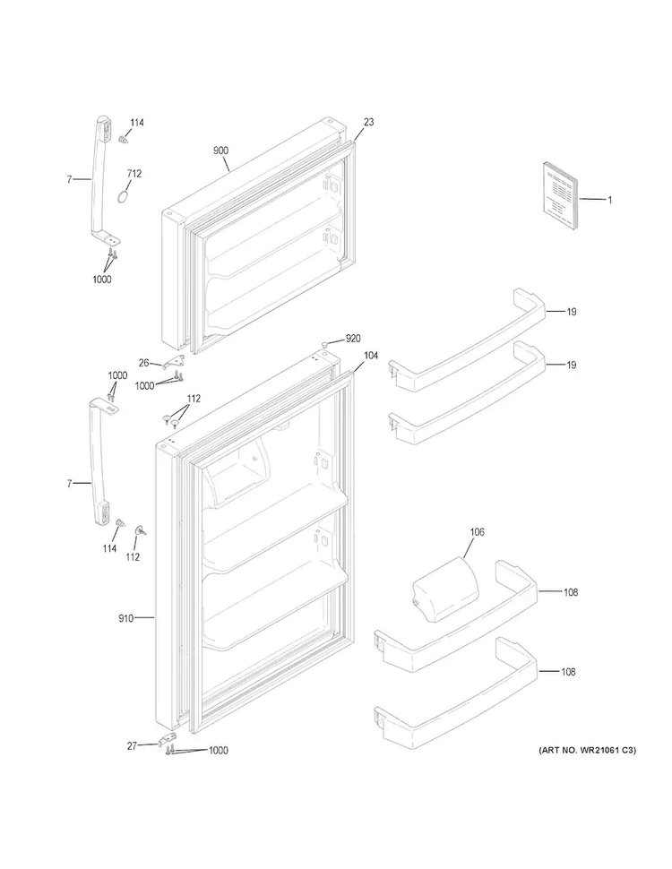 Doors Diagram and Parts List for GTE16GTHHRBB  General Electric Refrigerator
