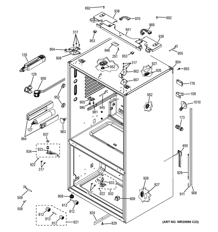 Case Parts Diagram and Parts List for PWE23KGDBBB  General Electric Refrigerator