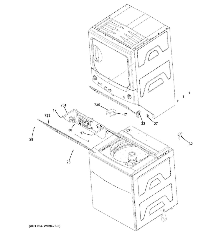 Cabinet Diagram and Parts List for GTUN275EM2WW  General Electric Washer Dryer Combo