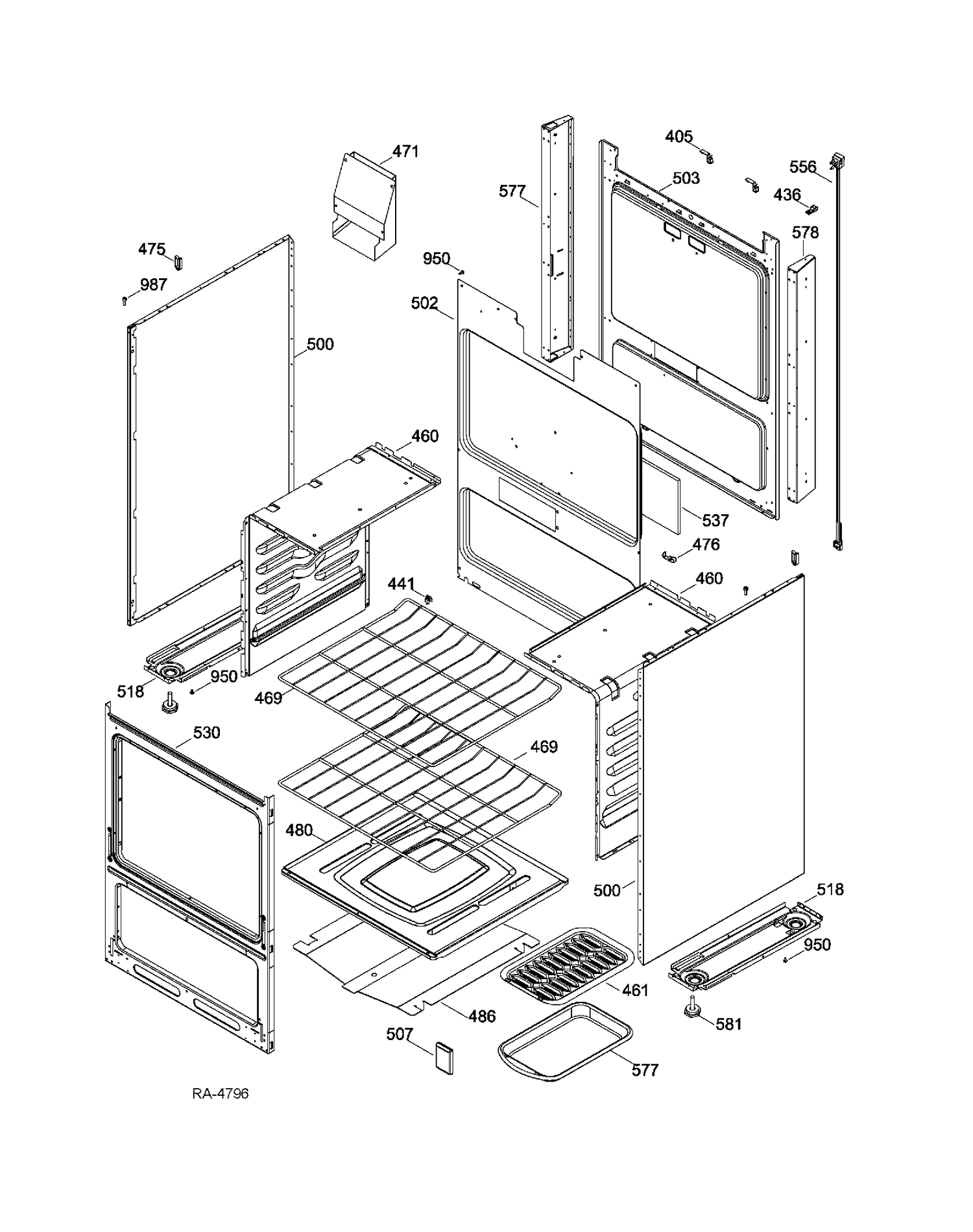 BODY PARTS Diagram and Parts List for MGAS724EL3WW  General Electric Range