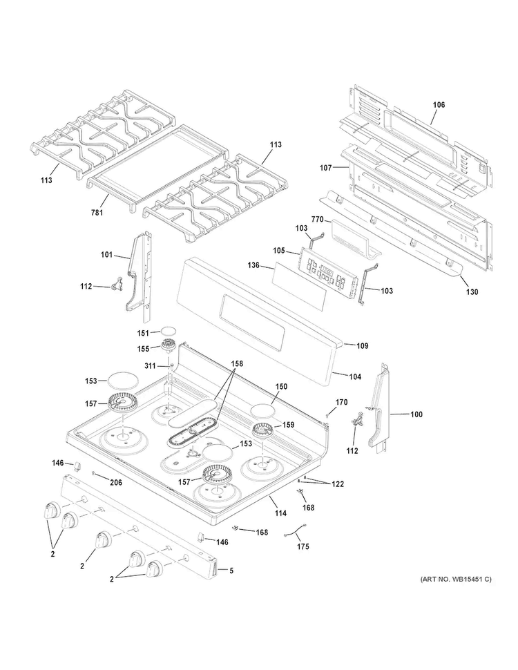 Control Panel & Cooktop Diagram and Parts List for JGB720SEJ2SS  General Electric Range