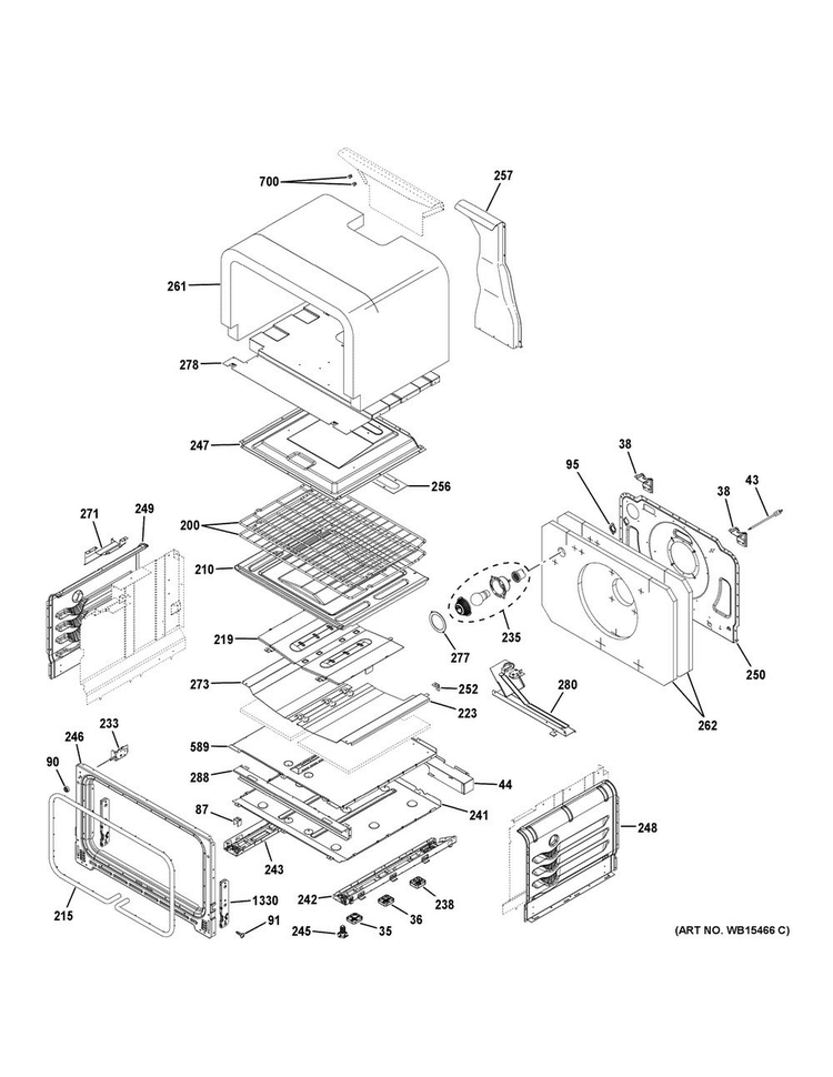 Lower Oven Diagram and Parts List for PGB960EEJ1ES  General Electric Range