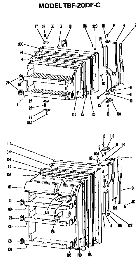 Doors Diagram and Parts List for TBF20DFC  General Electric Refrigerator