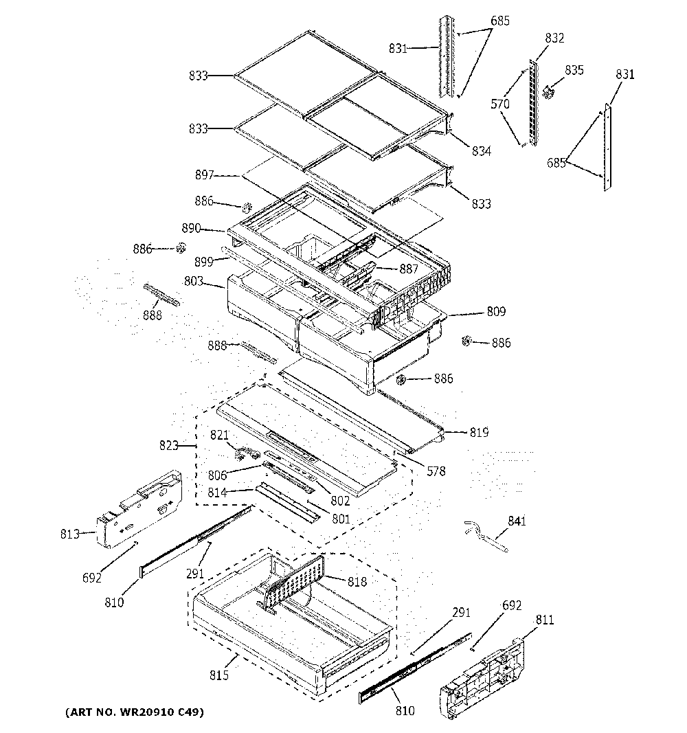 Fresh food shelves Diagram and Parts List for PFD28KYNDFS  General Electric Refrigerator