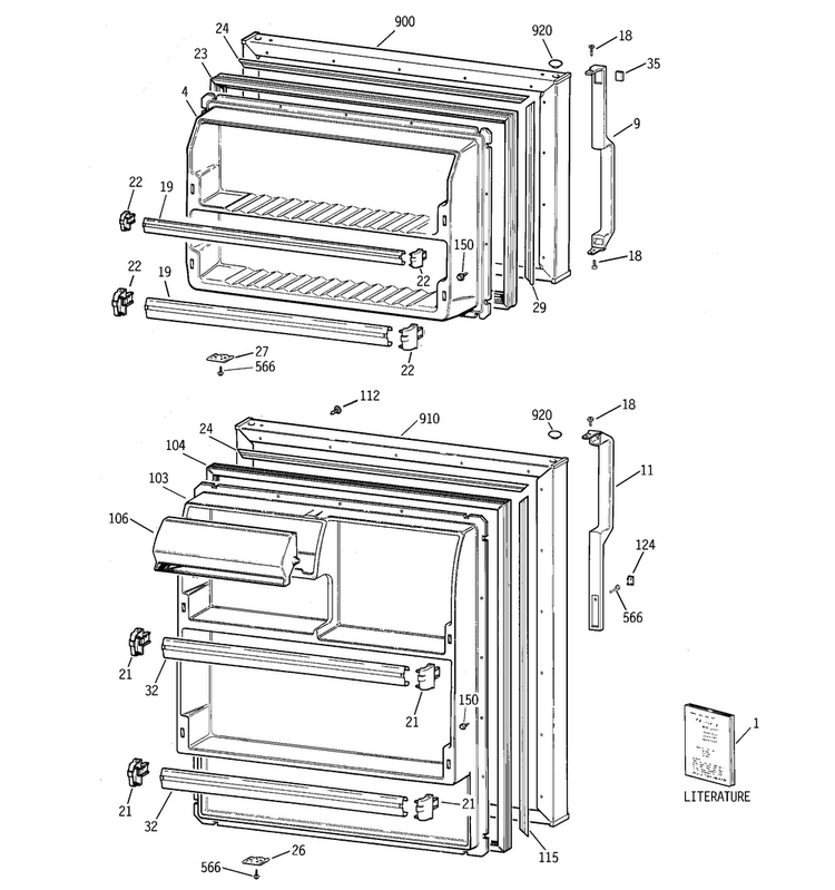 Doors Diagram and Parts List for GTT18BBMDRCC  General Electric Refrigerator