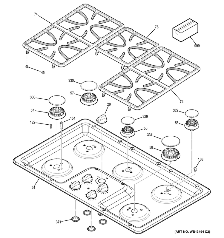 Control Panel & Cooktop Diagram and Parts List for JGP633DET2BB  General Electric Cooktop