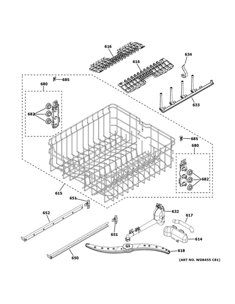 Upper Rack Assembly Diagram and Parts List for GDT635HSM4SS  General Electric Dishwasher