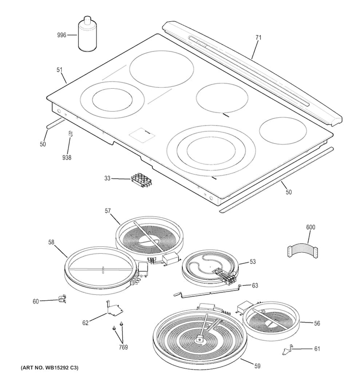 Cooktop Diagram and Parts List for PS920SF2SS  General Electric Range