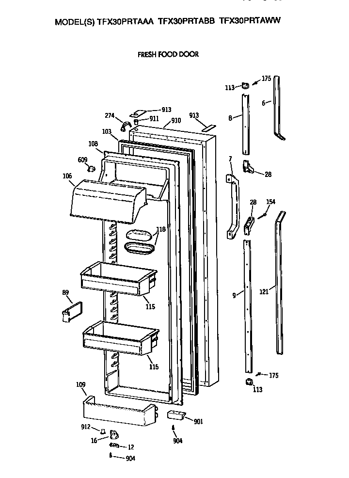Fresh Food Door Diagram and Parts List for TFX30PRTABB  General Electric Refrigerator