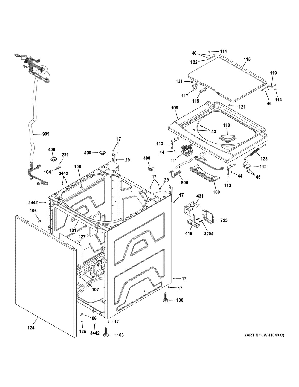 Washer Cabinet & Lid Diagram and Parts List for GUD24ESSM1WW  General Electric Washer Dryer Combo