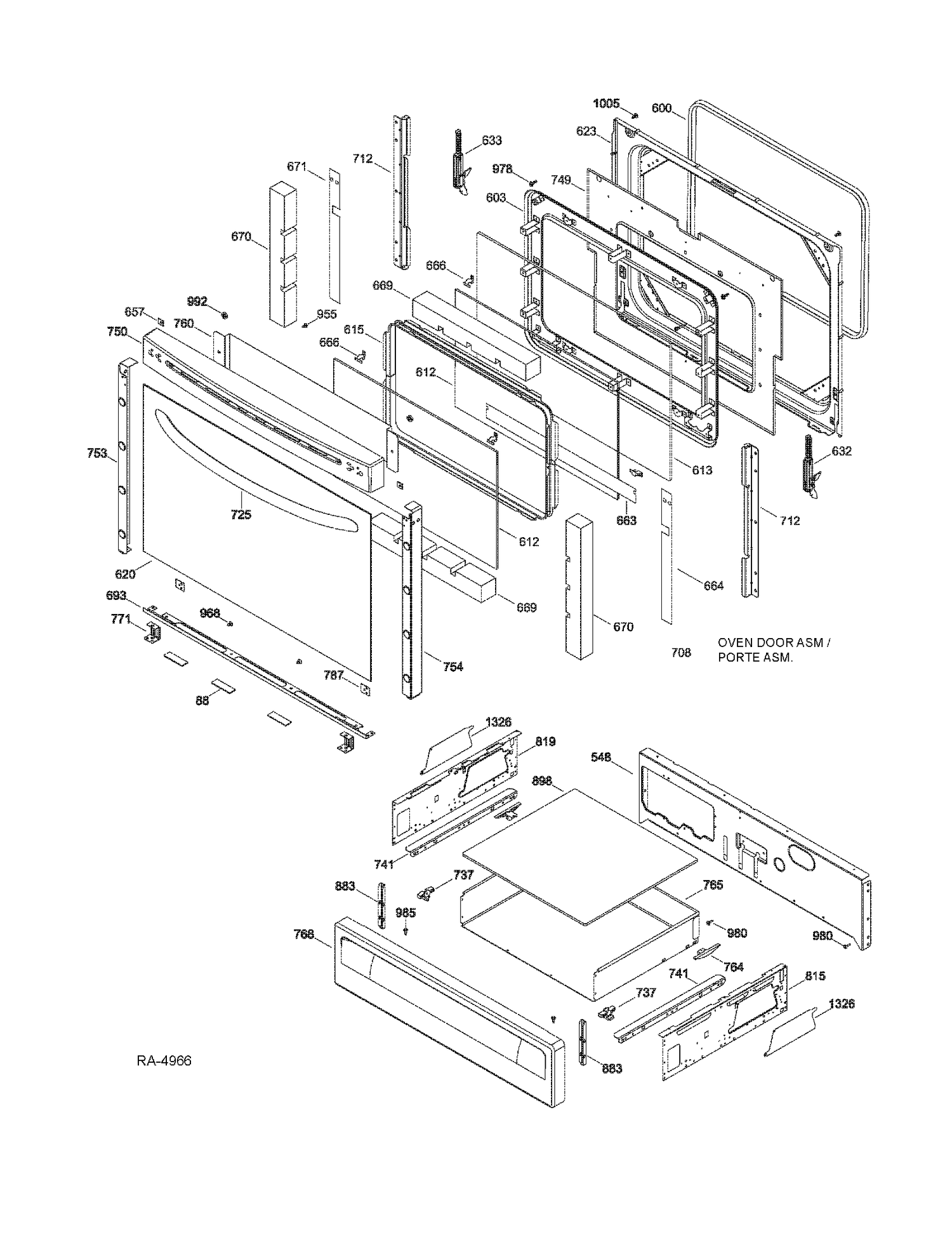 DOOR & DRAWER Diagram and Parts List for JCSP42DR2BB  General Electric Range