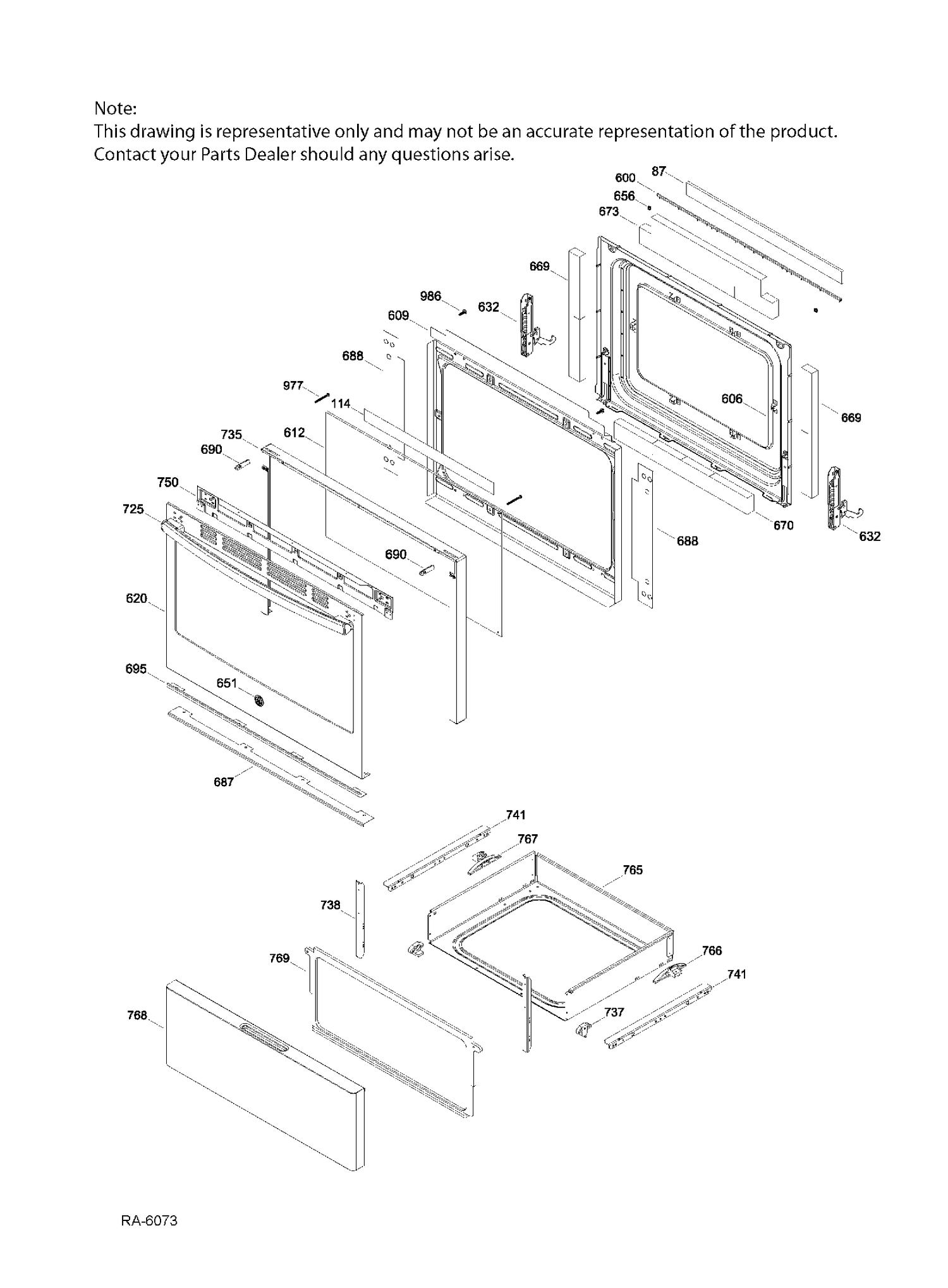 DOOR & DRAWER PARTS Diagram and Parts List for JCBS660SJ1SS  General Electric Range