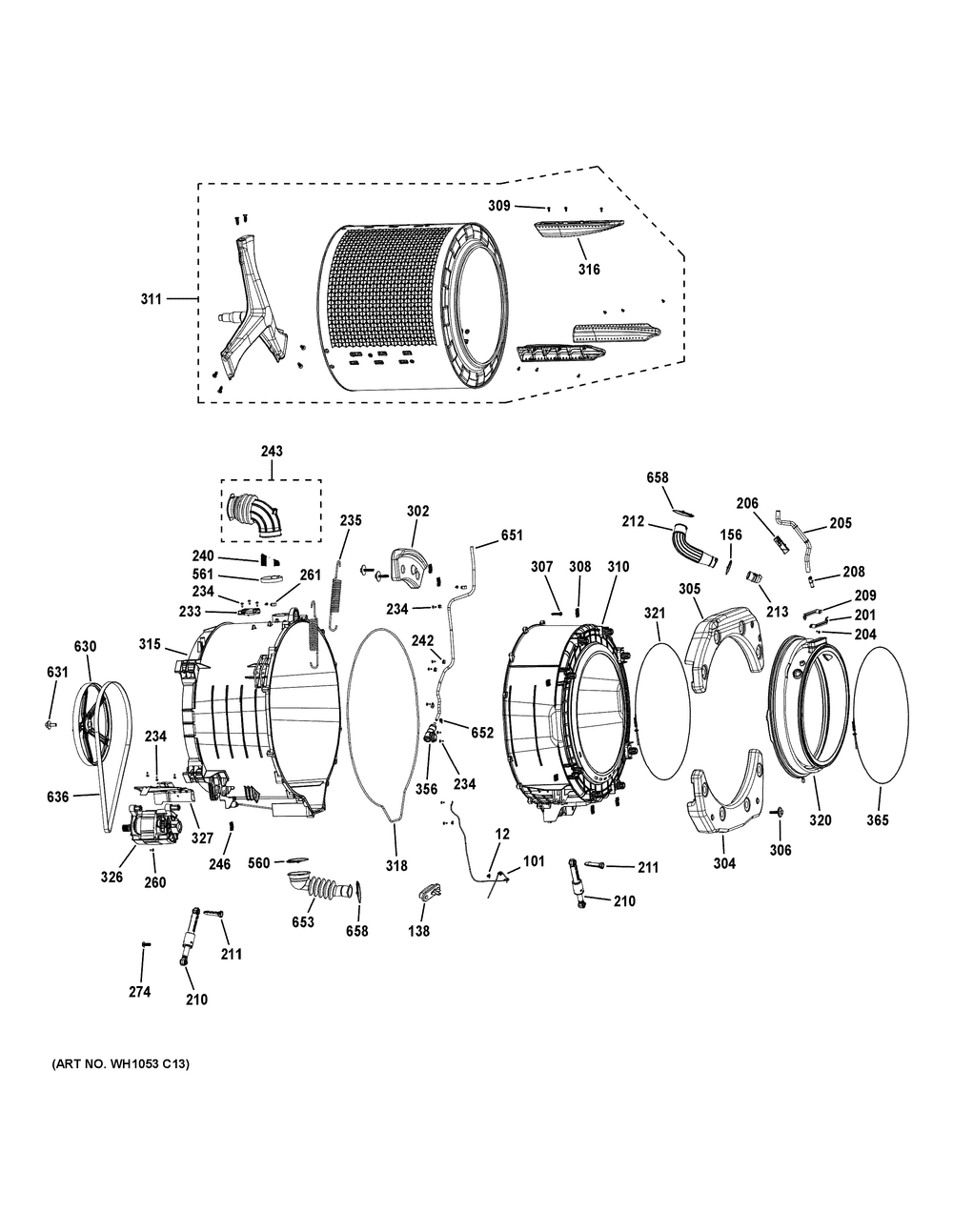 Tub And Motor Diagram and Parts List for GFW350SSY0WW  General Electric Washer