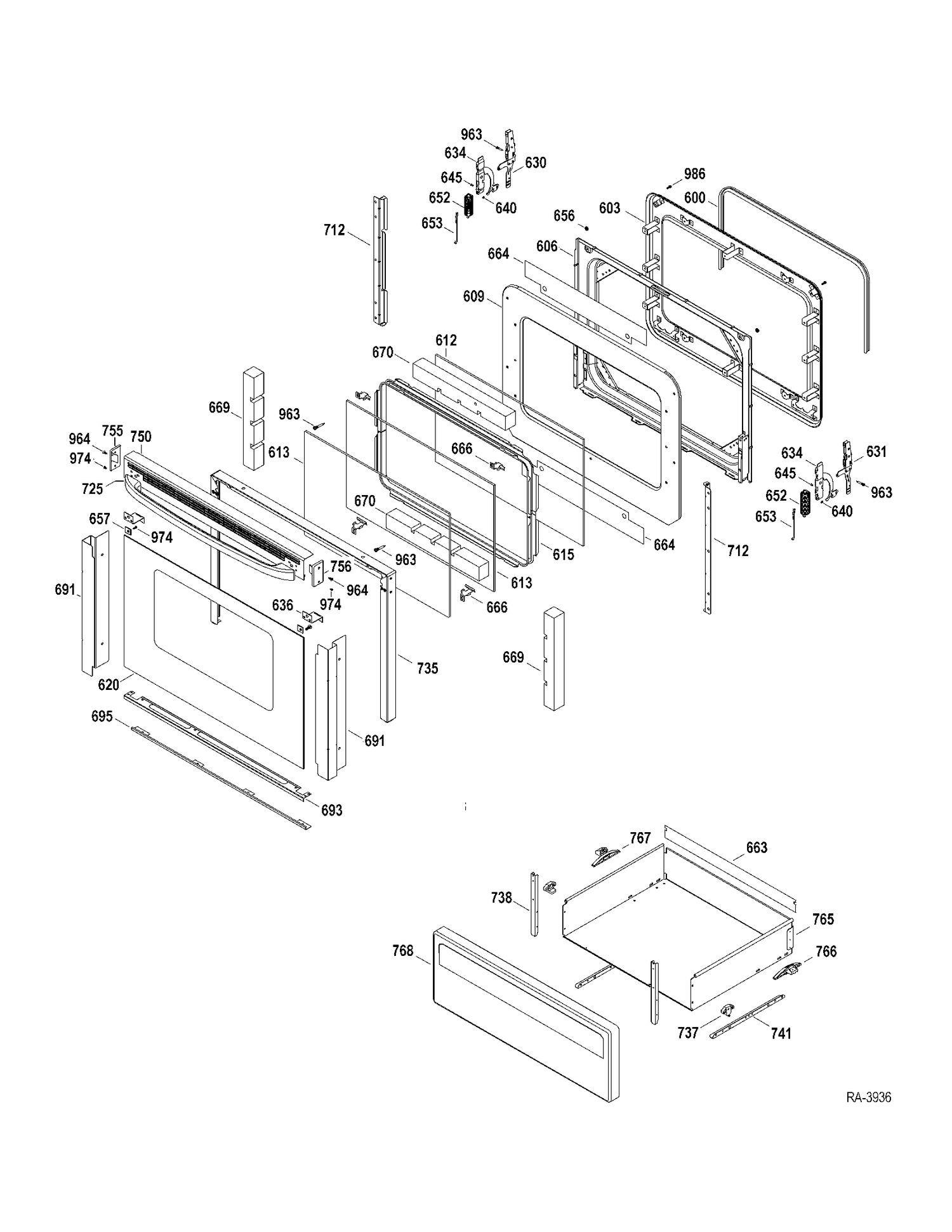 DOOR-DRAWER Diagram and Parts List for MCB757DR2WW  General Electric Range
