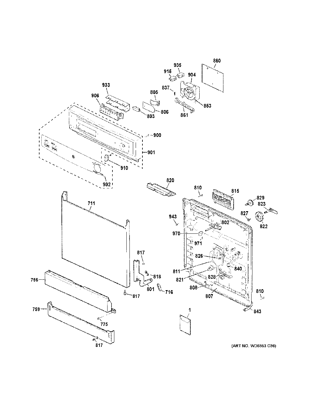Escutcheon & door assembly Diagram and Parts List for GSD3360K65SS  General Electric Dishwasher
