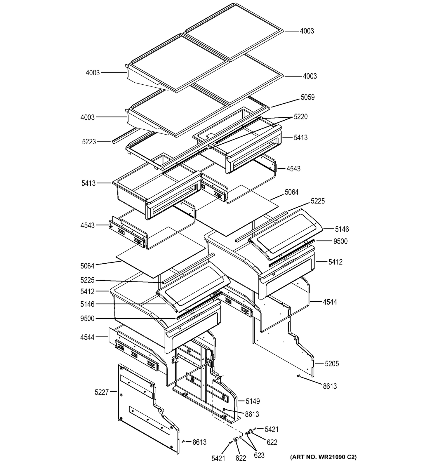 SHELVES & DRAWERS Diagram and Parts List for ZIC360NHCLH  General Electric Refrigerator