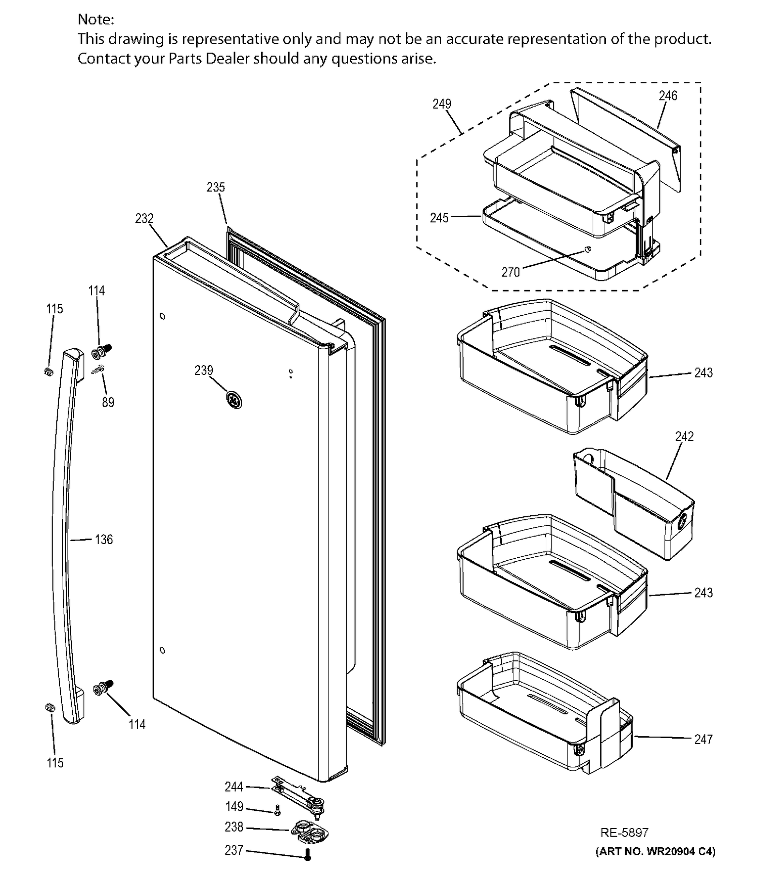 FF DOOR - RH Diagram and Parts List for PWE23KMDCES  General Electric Refrigerator