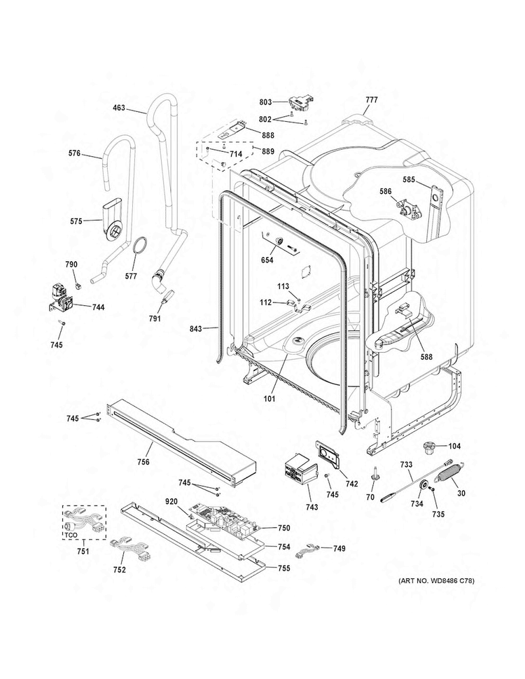 Body Parts Diagram and Parts List for GDF510PGJ0WW  General Electric Dishwasher