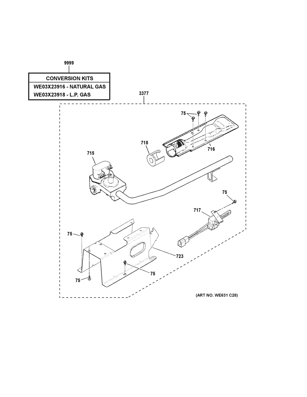 Gas Valve And Burner Assembly Diagram and Parts List for VTD56GASV0WB  General Electric Dryer
