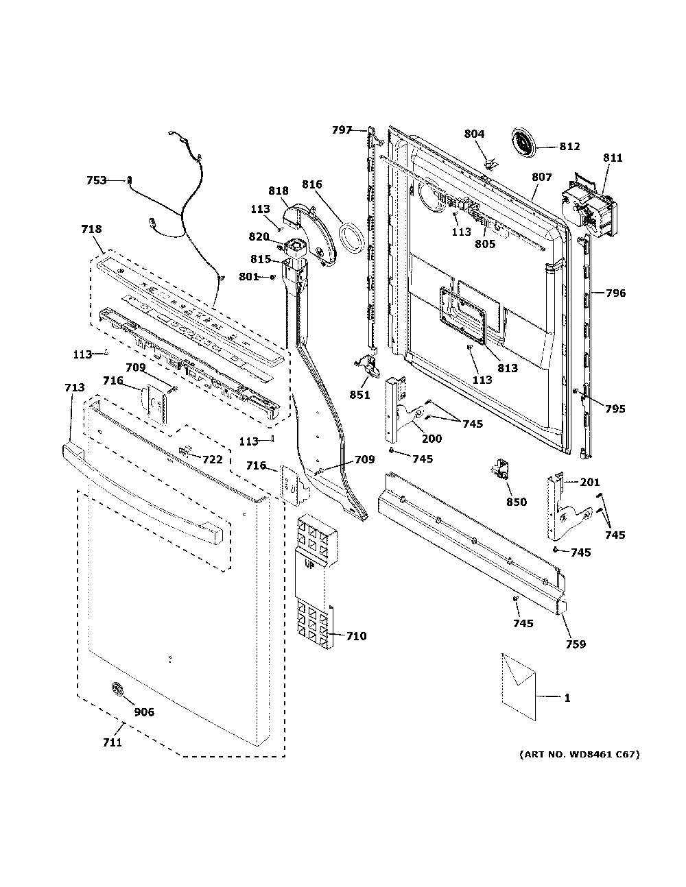 Escutcheon & door assembly Diagram and Parts List for DDT700SBN2TS  General Electric Dishwasher