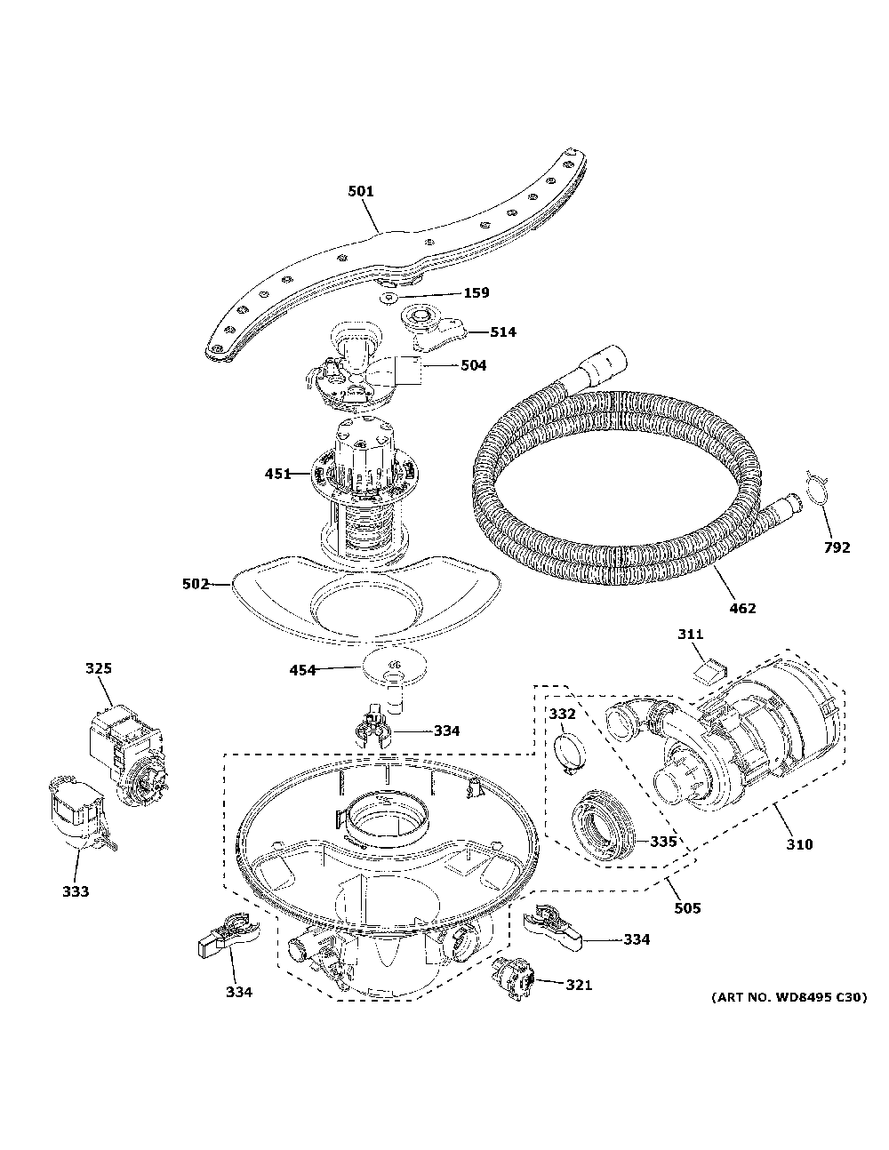 Motor, sump & filter assembly Diagram and Parts List for DDT700SFN3DS  General Electric Dishwasher