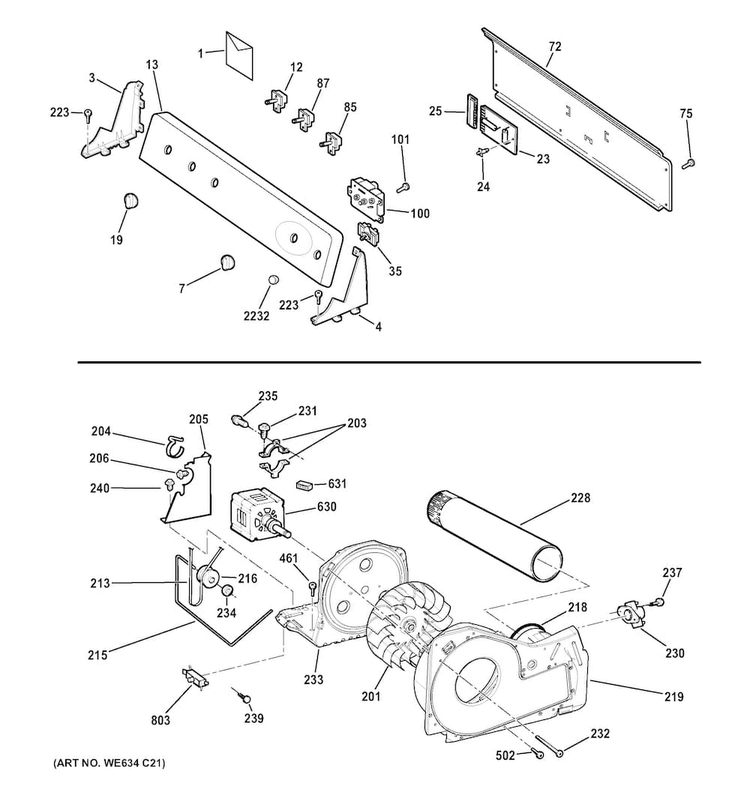 Backsplash, Blower & Motor Assembly Diagram and Parts List for GTDP490GD4WS  General Electric Dryer