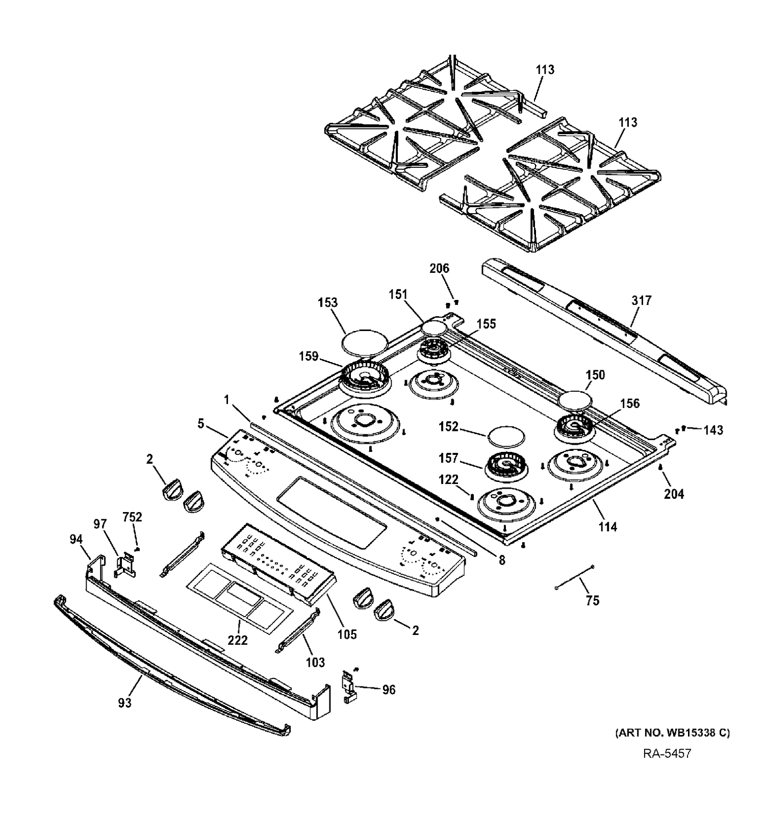 CONTROL PANEL & COOKTOP Diagram and Parts List for JCGS650DEF1WW  General Electric Range