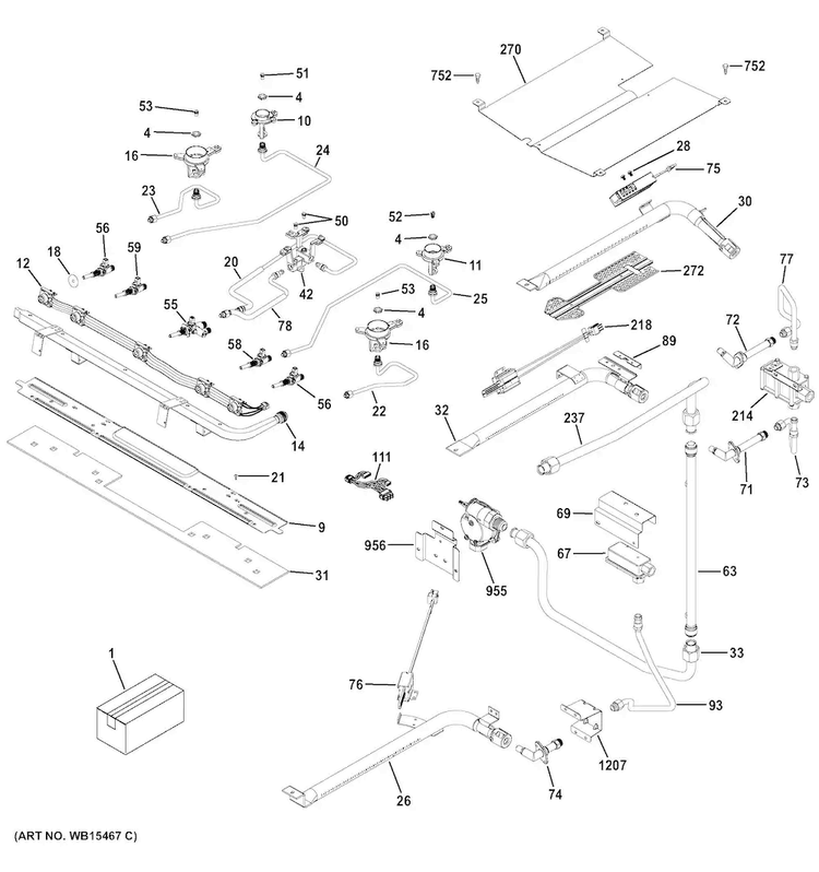 Gas & Burner Parts Diagram and Parts List for PGB960SEJ1SS  General Electric Range