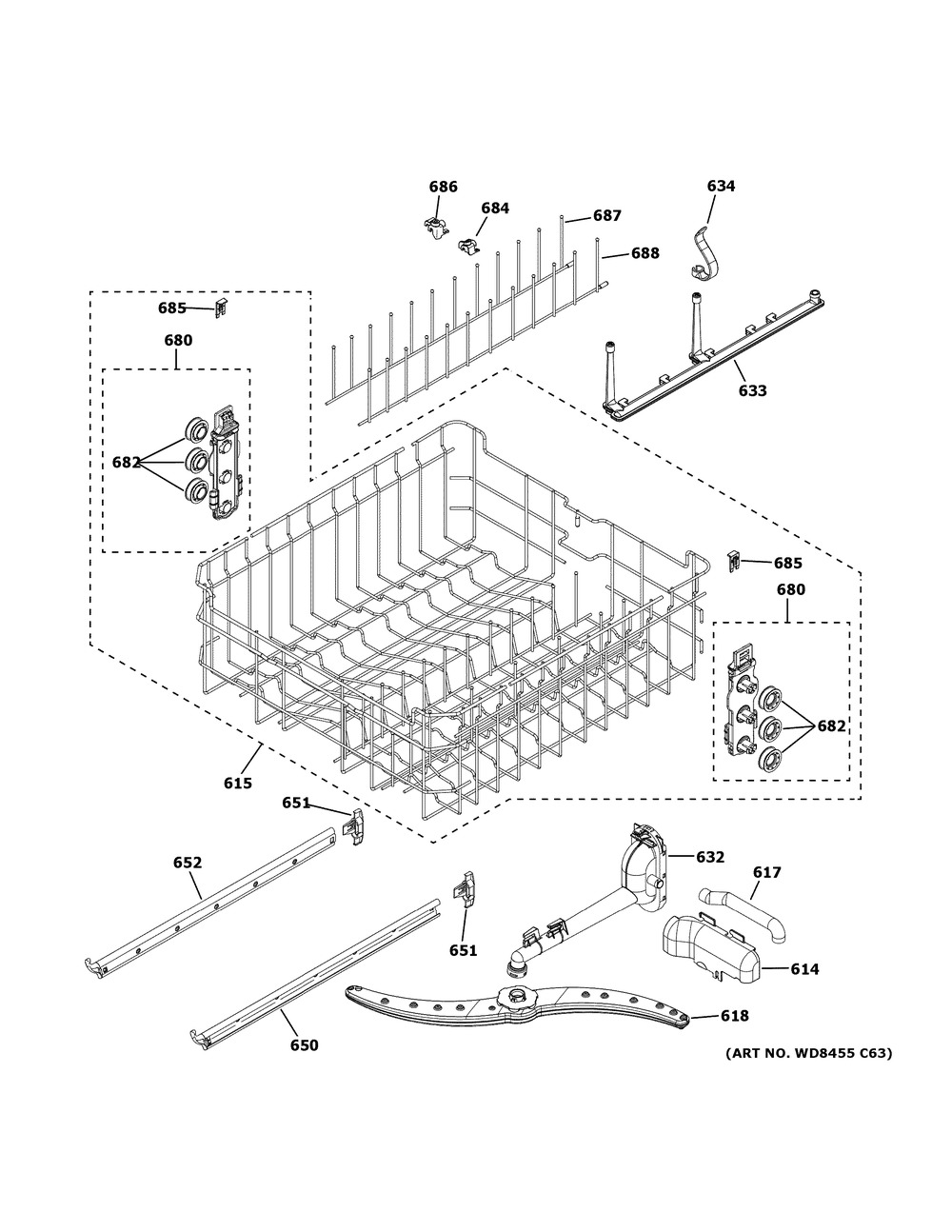 Upper Rack Assembly Diagram and Parts List for CDT800P2N0S1  General Electric Dishwasher