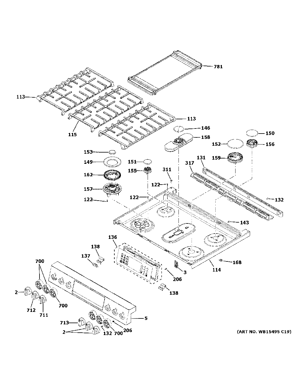 Control Panel And Cooktop Diagram and Parts List for PGS960YP1FS  General Electric Range