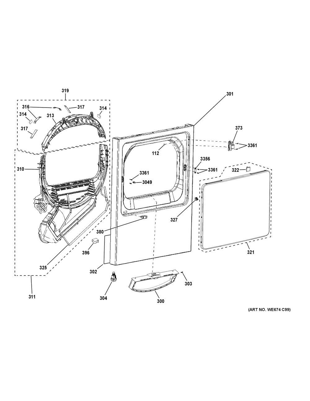 Front Panel And Door Diagram and Parts List for VTD56GASV0WB  General Electric Dryer