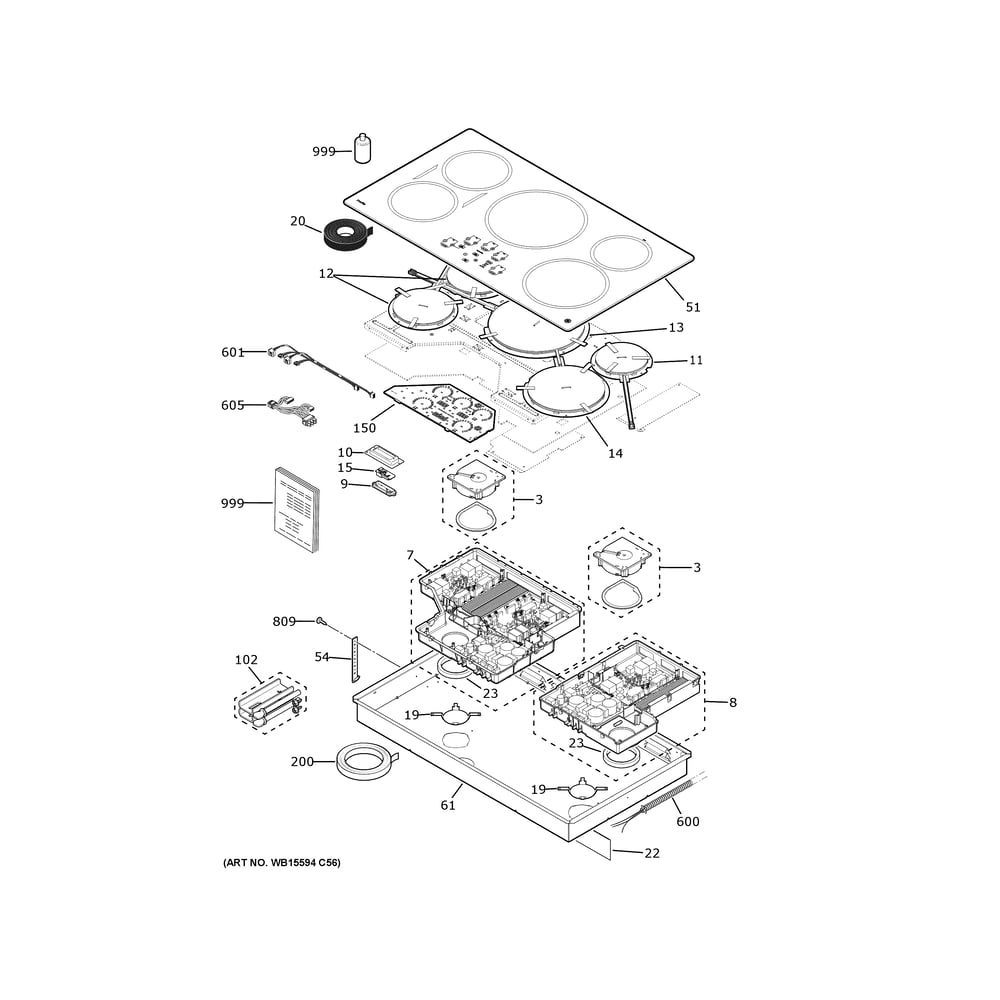 Control Panel And Cooktop 1 Diagram and Parts List for PHP9036DT3BB  General Electric Cooktop