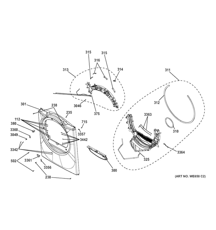 Front Panel Diagram and Parts List for GFDN120GD2WW  General Electric Dryer