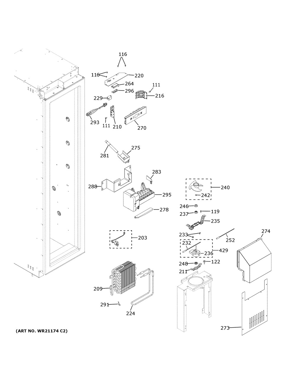 Freezer Section Diagram and Parts List for ZIF361NPRCII  General Electric Refrigerator